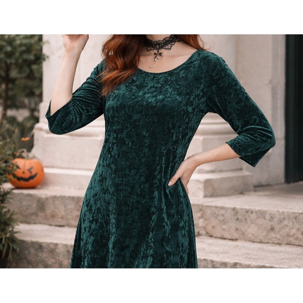 VTG Velvet Long Sleeve Maxi Dress XL Green Eyelet Whimsigoth Dark Witchy Holiday